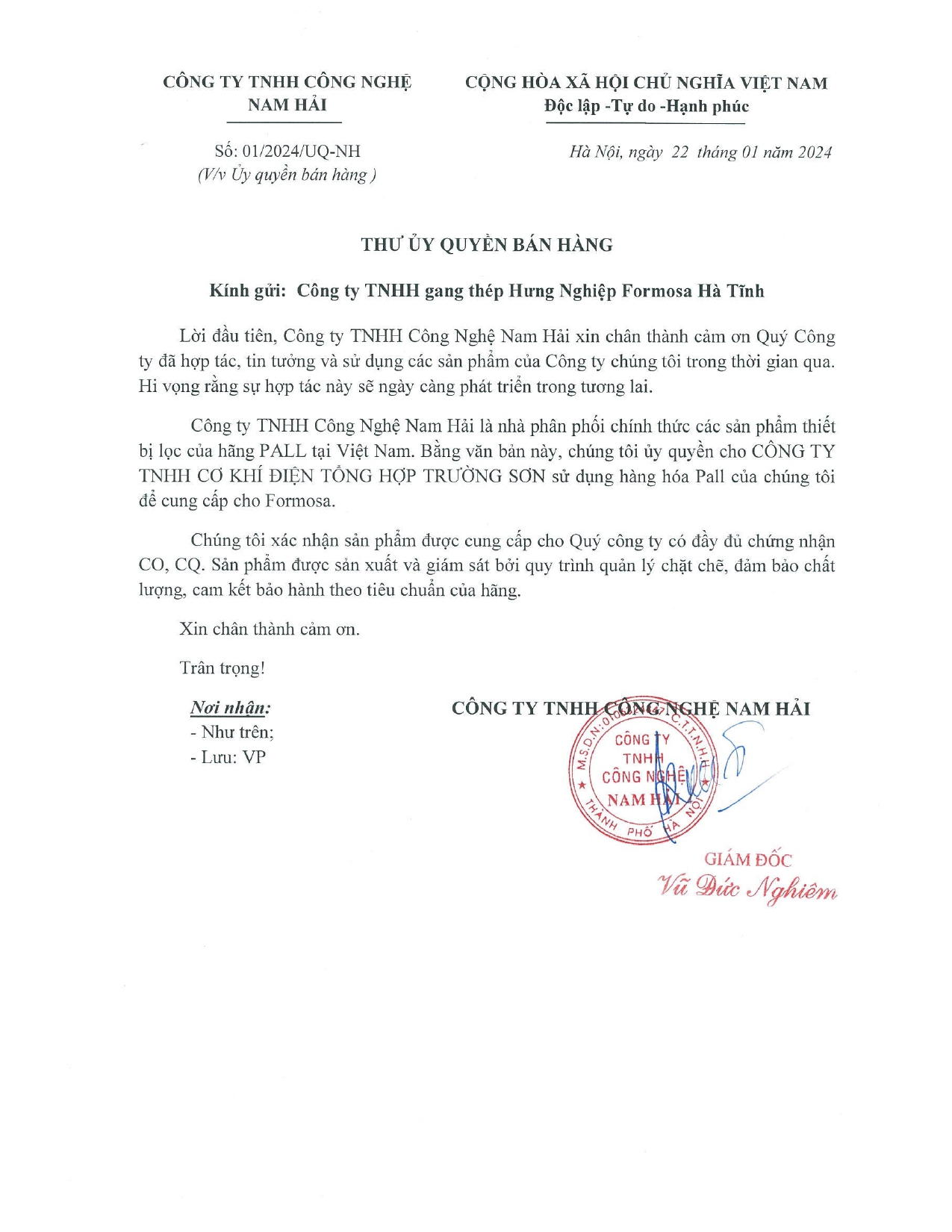 Thư uỷ quyền bán hàng